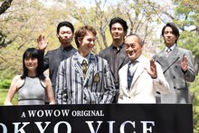 上段左から笠松将、伊藤英明、山下智久。下段左から菊地凛子、アンセル・エルゴート、渡辺謙。