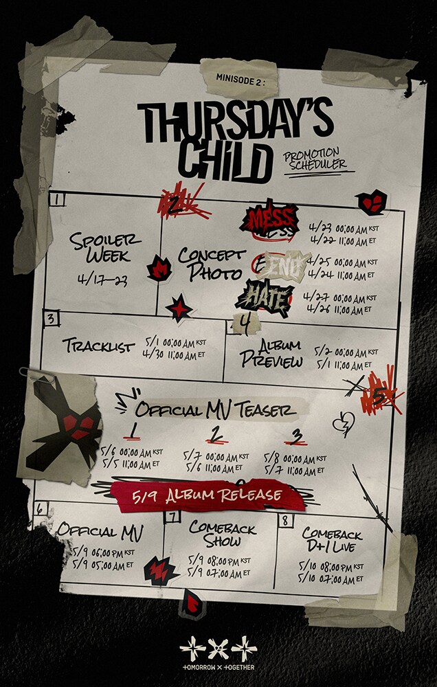 TOMORROW X TOGETHERのプロモーションスケジュールが書かれたビジュアル。