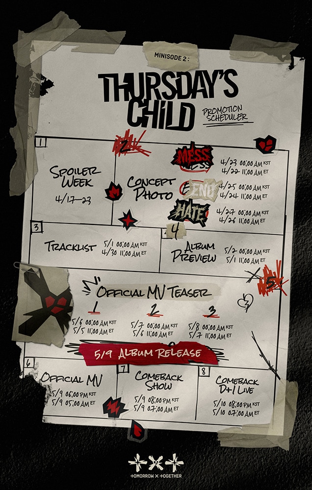 TOMORROW X TOGETHERのプロモーションスケジュールが書かれたビジュアル。