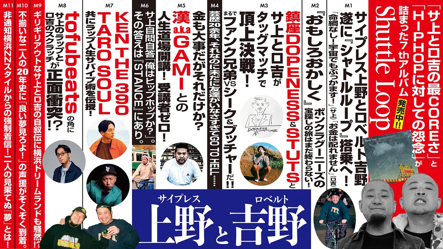サイプレス上野とロベルト吉野「Shuttle Loop」中吊り広告風の画像。