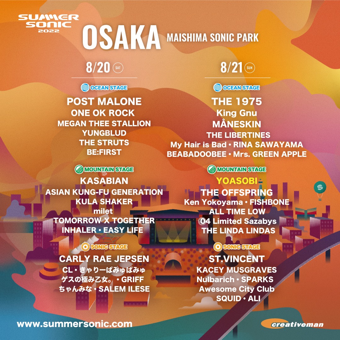 「SUMMER SONIC 2022」OSAKA公演ラインナップ。