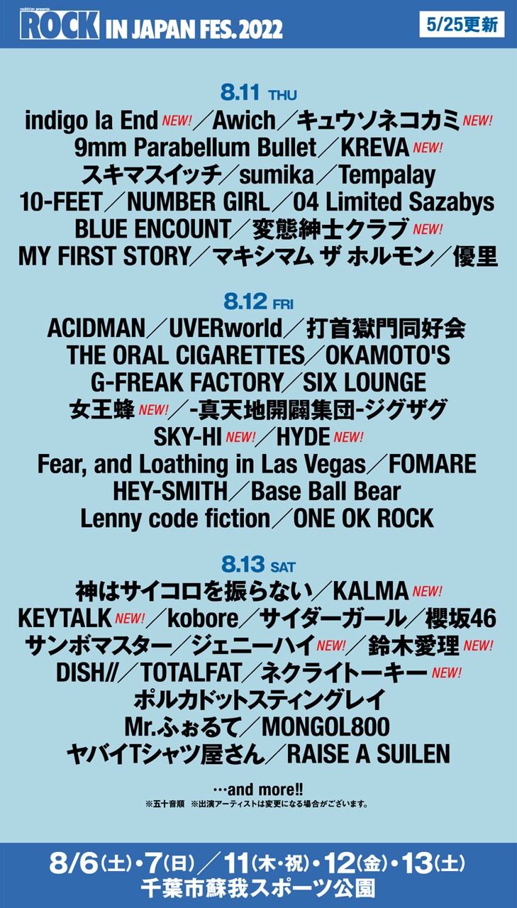 人気画像9位は「『ロッキン』にVaundy、Novelbright、あいみょん、女王蜂、SKY-HI、HYDE、鈴木愛理ら18組追加」より、「ROCK IN JAPAN FESTIVAL 2022」出演アーティスト告知画像。