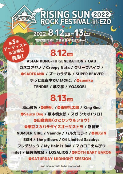 「RISING SUN ROCK FESTIVAL 2022 in EZO」出演アーティスト一覧
