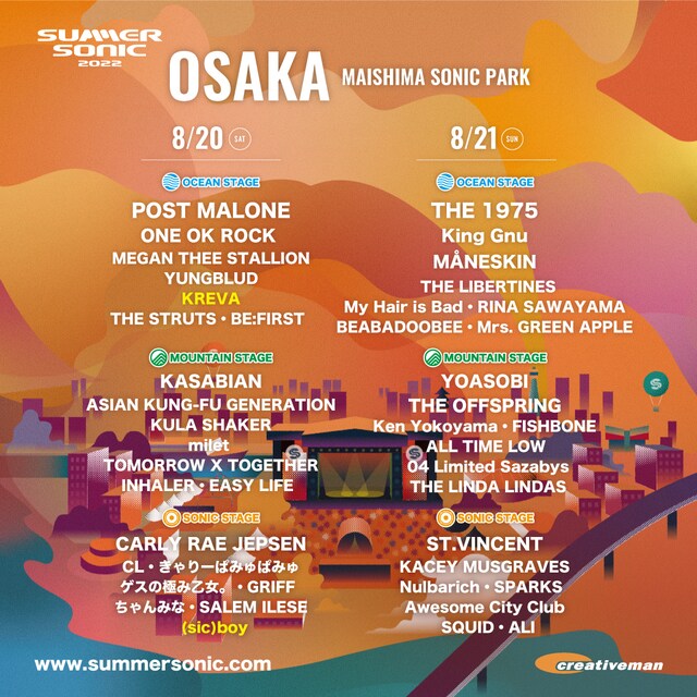 「SUMMER SONIC 2022」大阪公演の出演者一覧。