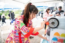 かき氷作りに挑戦する桜木心菜。