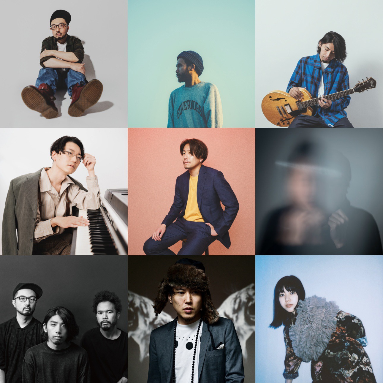 origami PRODUCTIONS。上段左からShingo Suzuki、mabanua、関口シンゴ、中段左からKan Sano、Michael Kaneko、Nenashi、下段左からOvall、Hiro-a-key、さらさ。