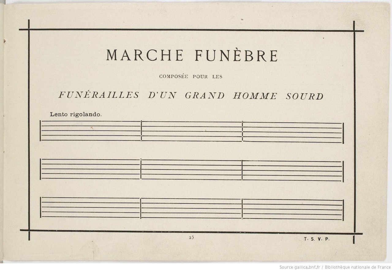 「Marche funebre composee pour les funerailles d'un grand homme sourd」の楽譜の1枚目。パブリックドメイン。Wikimedia Commons(※2)による。