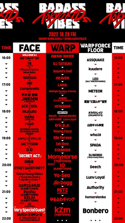 「BADASSVIBES presents TOKYO KIDS」タイムテーブル