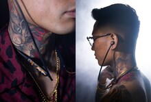 舐達麻がモデルを務める「Beats Flex『WACKO MARIA Leopard Limited Edition』」製品イメージ。