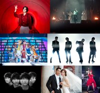 左上から時計回りに藤井風、米津玄師、THE LAST ROCKSTARS、藤本美貴、EXILE AKIRAとリン・チーリン、Mr.Children、すとぷり。