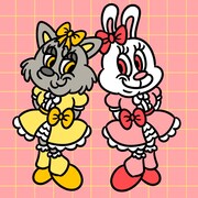 左から頓知気さきなと猫をモデルにしたキーナ、兎遊たおとうさぎをモデルにしたウイン。