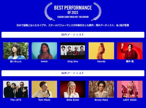 「BEST PERFORMANCE OF 2022」ノミネートアーティスト