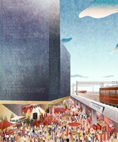 複合施設のイメージイラスト（京急川崎駅側からの視点）。