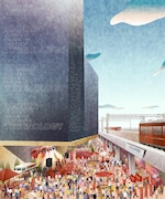 複合施設のイメージイラスト(京急川崎駅側からの視点)。