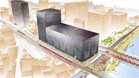 複合施設イメージイラスト(多摩川側からの視点)。