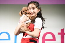 愛犬のピーチとフォトセッションに応じる百田夏菜子。