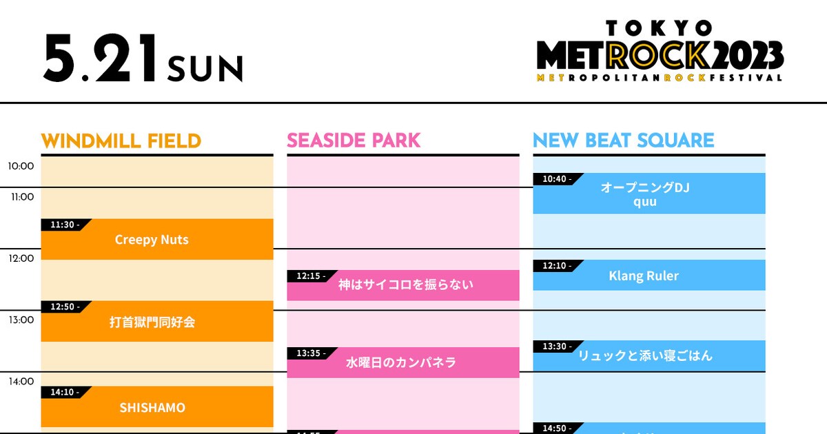 TOKYO METROPOLITAN ROCK FESTIVAL 2023」5月21日公演タイムテーブル 