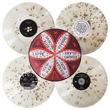 幾何学模様の5タイトルのカラーバイナルとピクチャーディスク。