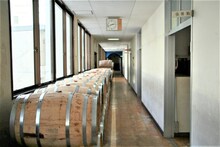 廃校の廊下に並ぶUVERworldと長濱蒸溜所のコラボウイスキー「Pygmalion」の樽。