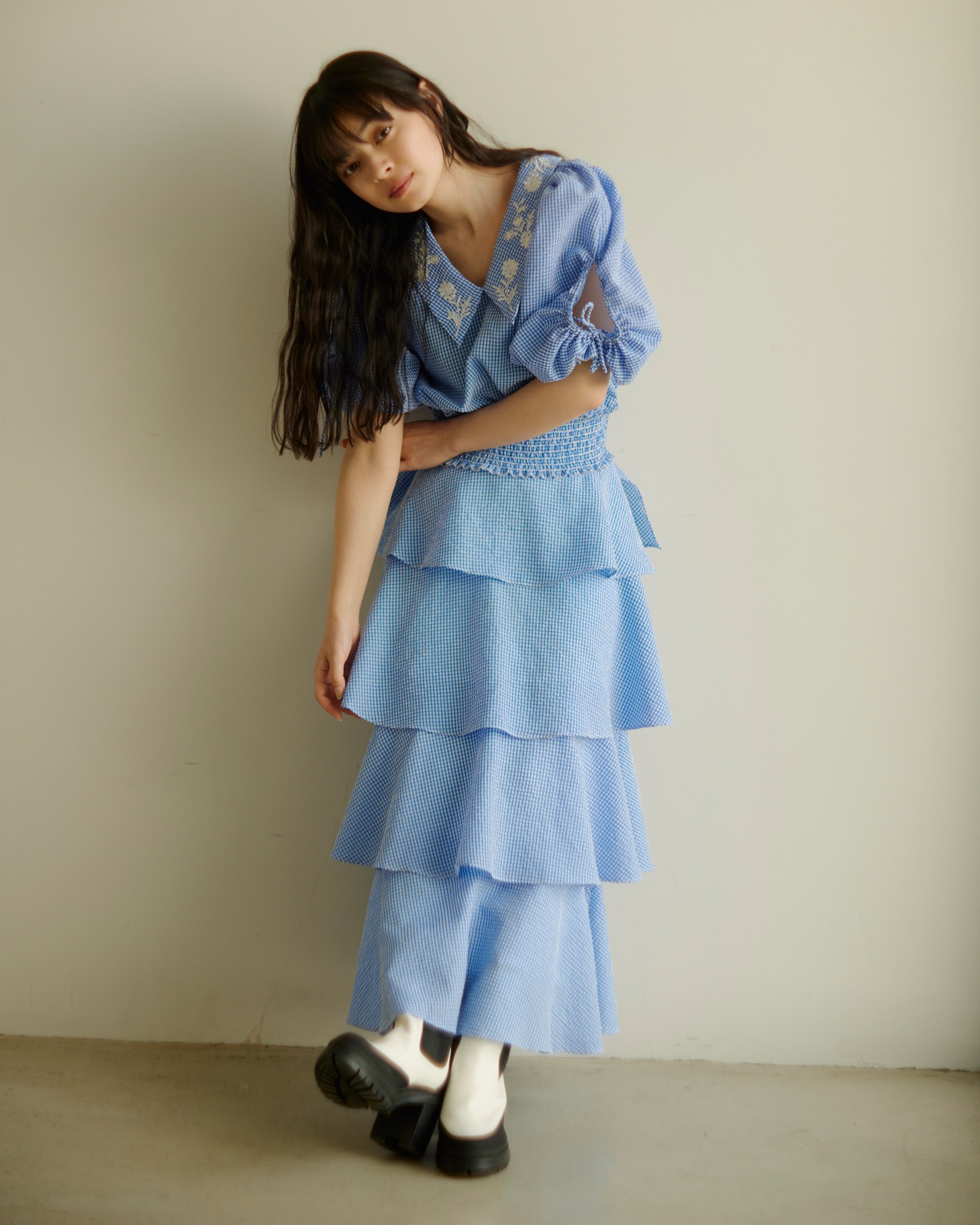 ギンガム刺繍襟付きブラウス＆ギンガムティアードスカート