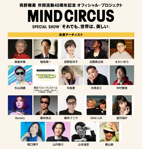 「売野雅勇 作詞活動40周年記念 オフィシャル・プロジェクト MIND CIRCUS SPECIAL SHOW『それでも、世界は、美しい』」出演者一覧