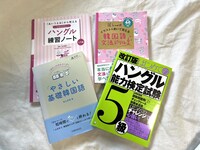 ナタリー編集担当・岸野が学習に使っていた参考書と問題集。「韓国語文法ドリル」はイラスト入りで理解を助けてくれる一冊だったが、前半1/3程度まで進めたところでタイムアップとなり当日を迎えてしまった。