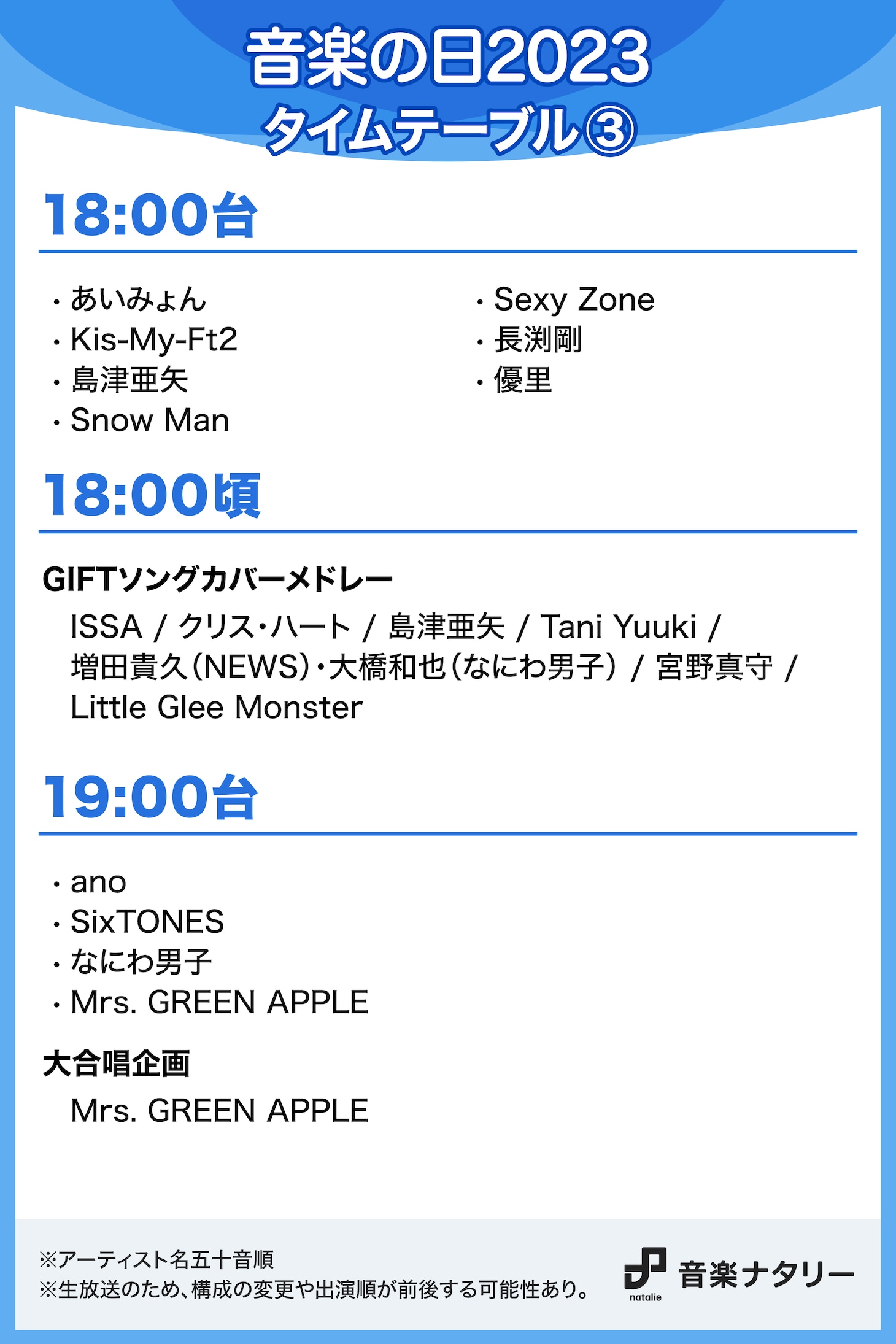 「音楽の日2023」18:00台～19:00台タイムテーブル