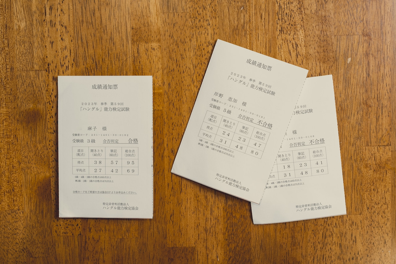 ハングル能力検定の結果を通知するハガキ。