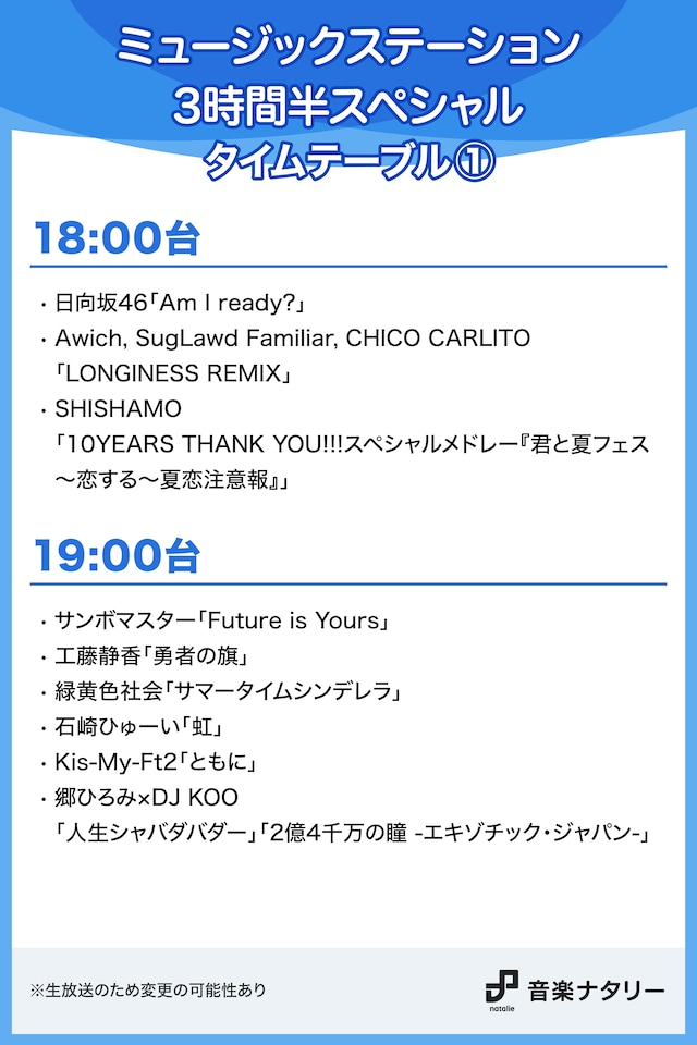 「ミュージックステーション」3時間半スペシャル 18:00～19:00台タイムテーブル