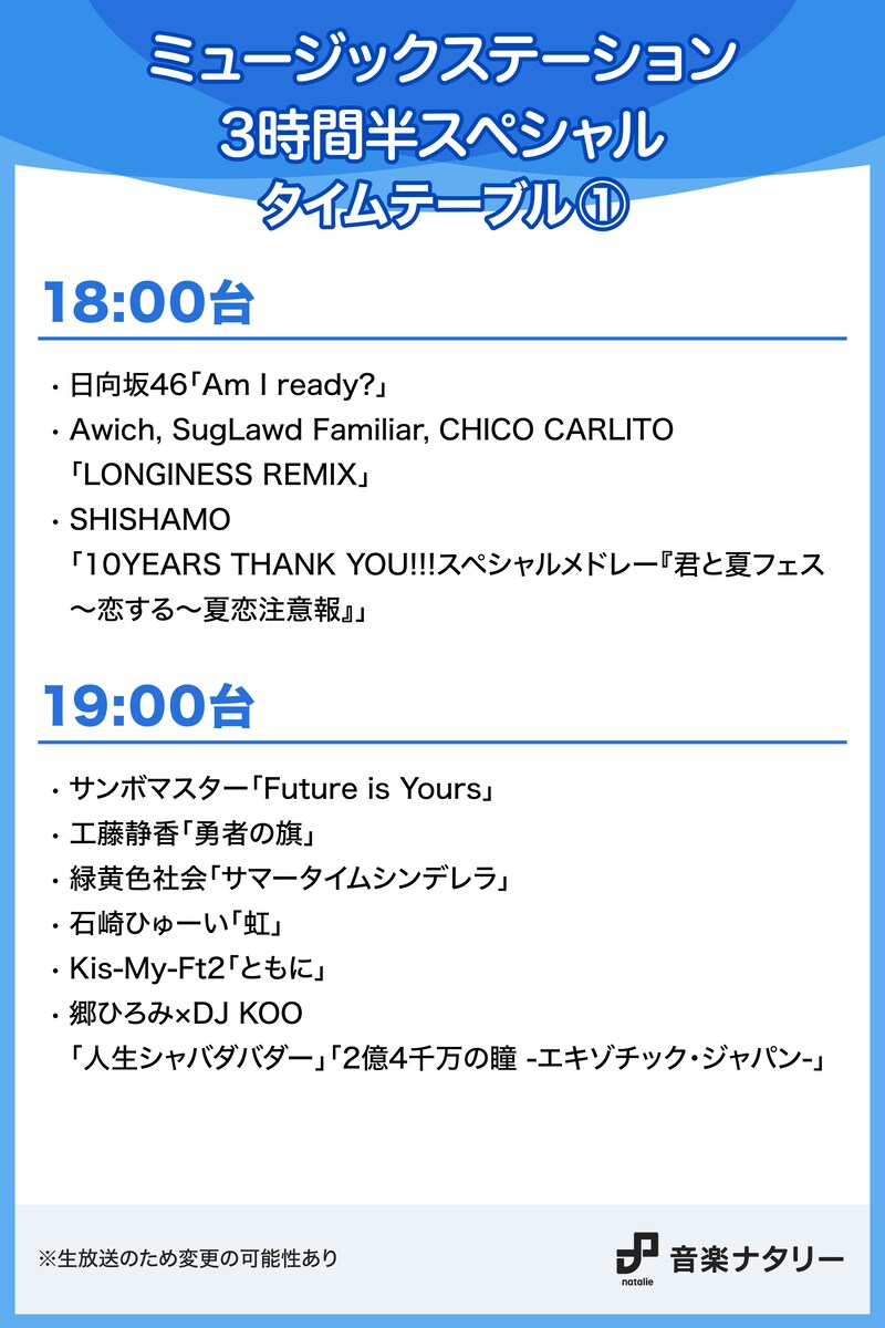 「ミュージックステーション」3時間半スペシャル 18:00～19:00台タイムテーブル