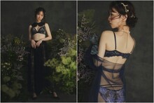 RAVIJOURのアイテムを着用する柏木由紀。