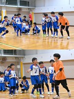 試合開始と同時に敵陣に紛れ込み、自陣に戻るよう小学生に促されるハル（右）。