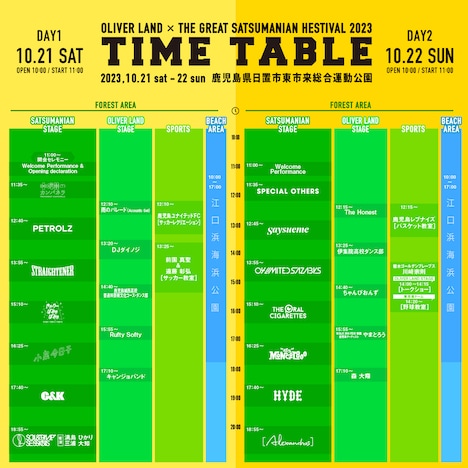 「OLIVER LAND×THE GREAT SATSUMANIAN HESTIVAL 2023」タイムテーブル