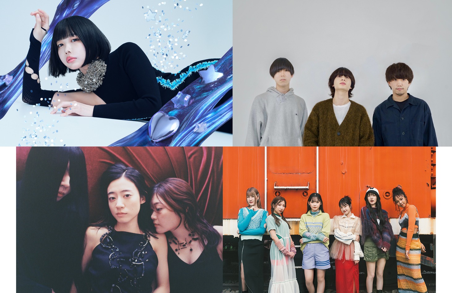 左上から時計回りにano、シャイトープ、Little Glee Monster、羊文学。