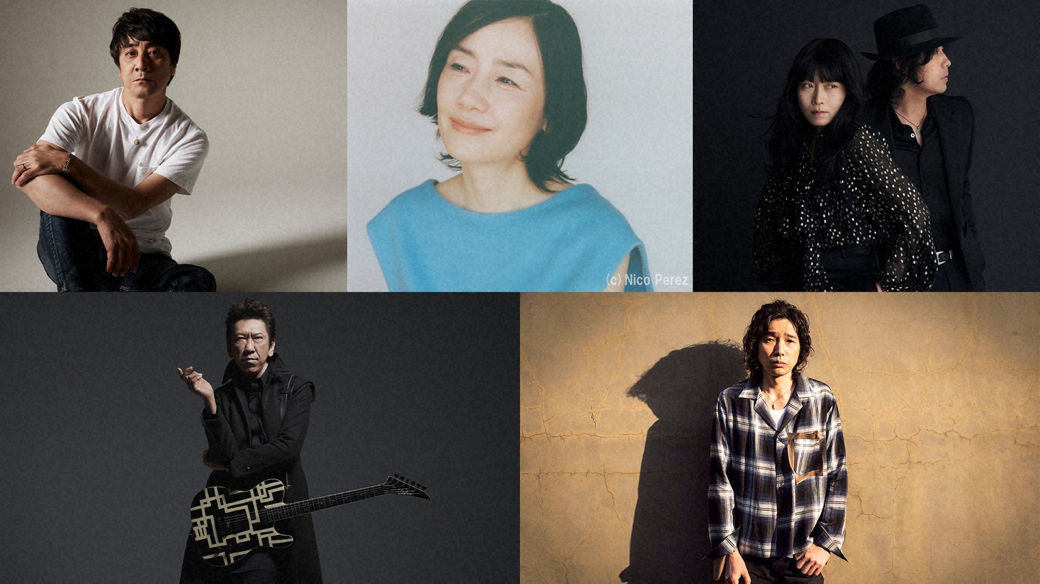 左上から山崎まさよし、原田知世、LOVE PSYCHEDELICO、布袋寅泰、斉藤和義。