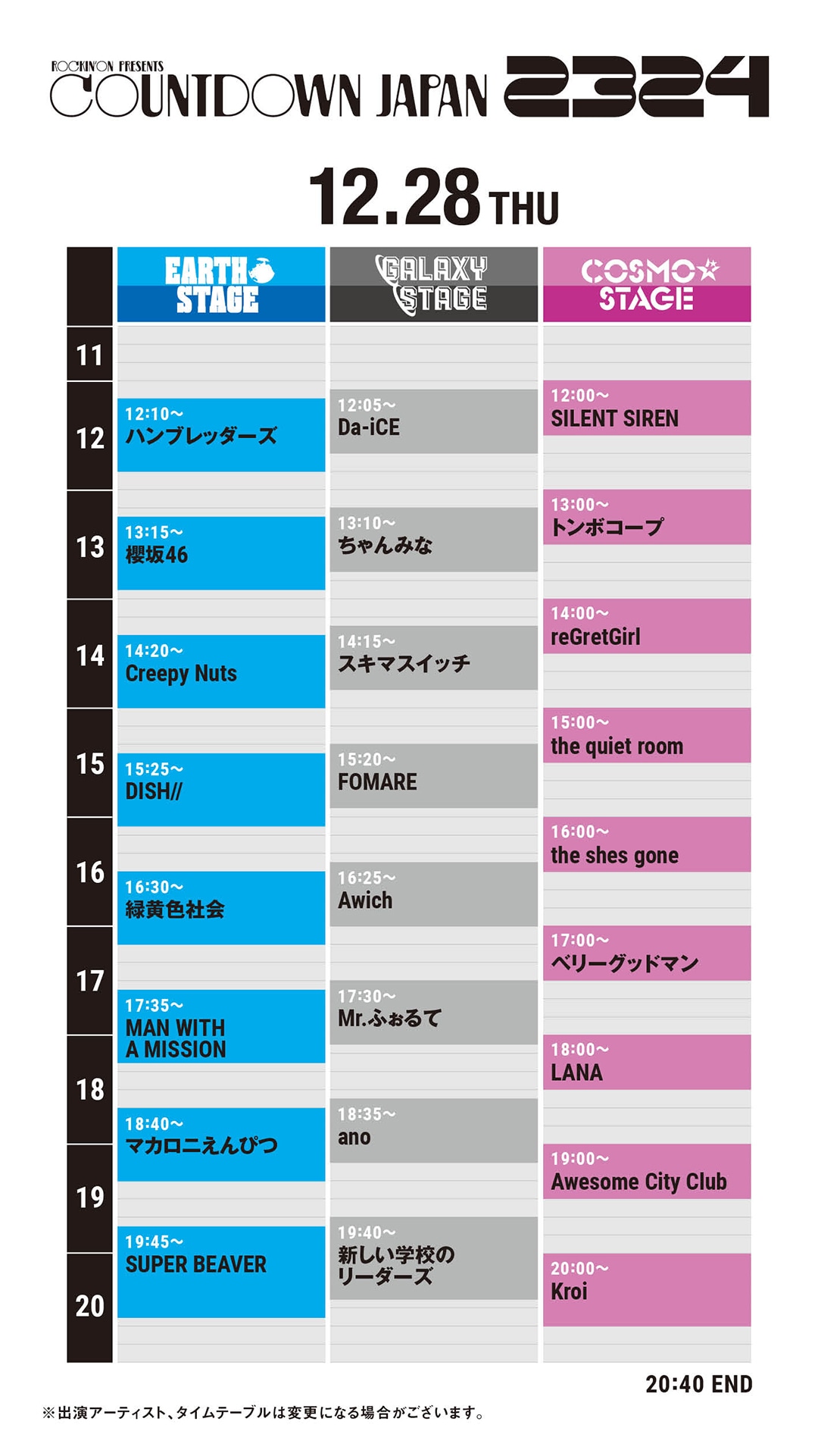 「COUNTDOWN JAPAN 23/24」12月28日タイムテーブル