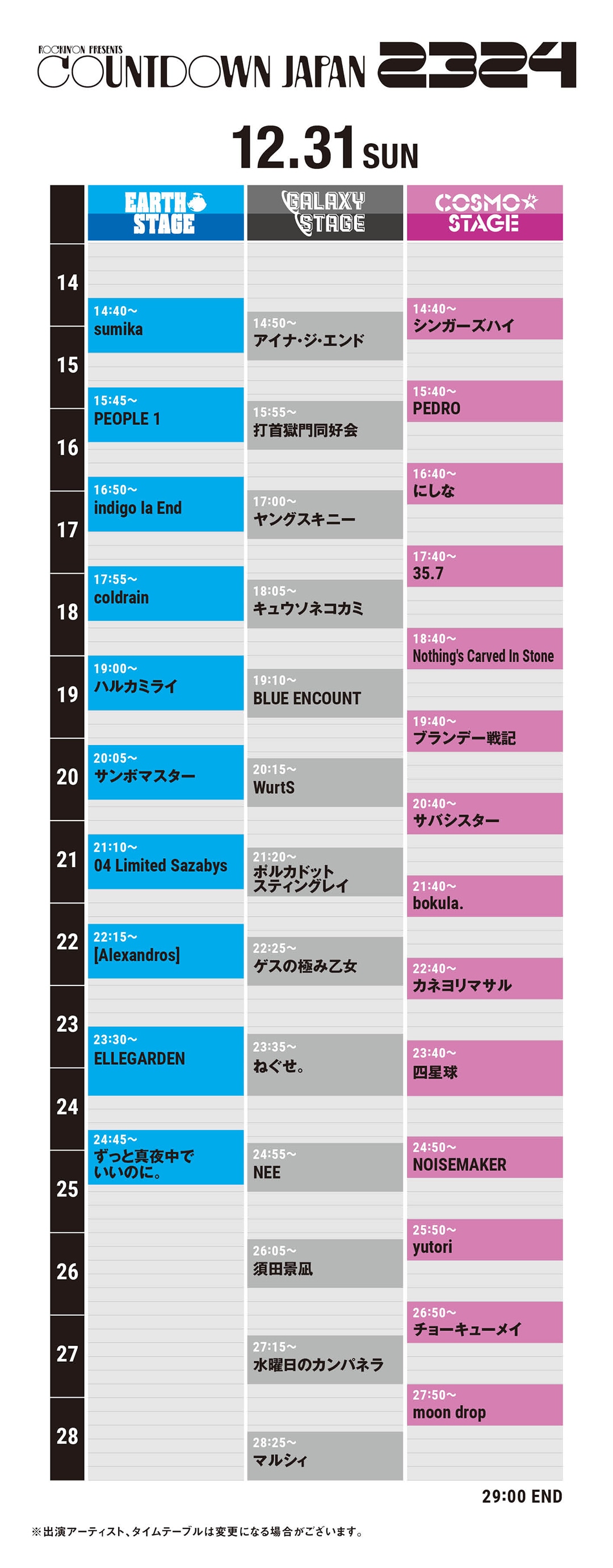 「COUNTDOWN JAPAN 23/24」12月31日タイムテーブル