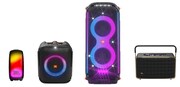 「JBL MEGA BOX」展示製品一部抜粋。左から「PULSE 5」「PartyBox Encore Essential」「PartyBox 710」「Authentics 300」。