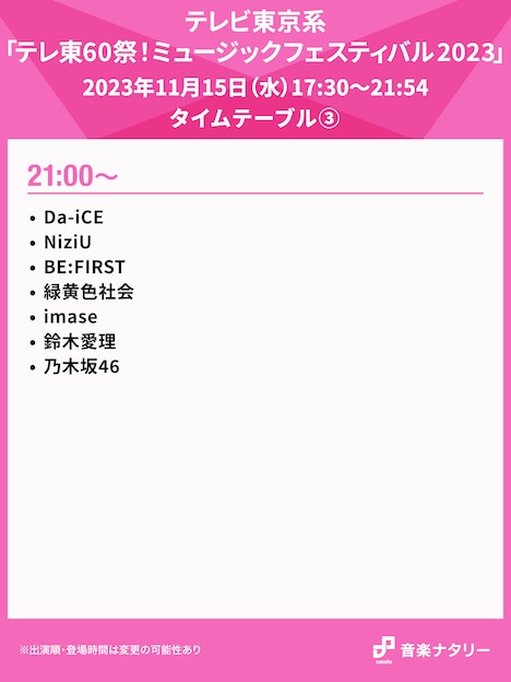 「テレ東60祭!ミュージックフェスティバル2023 ~一生聞きたい!昭和・平成・令和ヒット曲100連発~」21:00台のタイムテーブル。