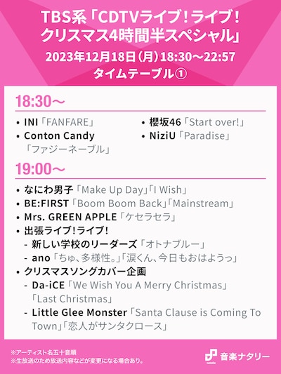 「CDTVライブ！ライブ！クリスマス4時間半スペシャル」18:30～19:00台タイムテーブル