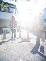 曽我部恵一と散歩中に伏せた姿勢で止まるこはるちゃん。