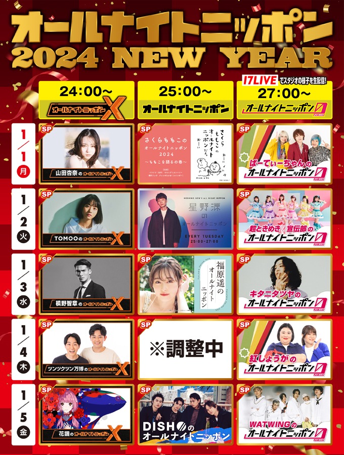 「オールナイトニッポンX（クロス）」「オールナイトニッポン0（ZERO）」2024年1月1～5日のパーソナリティ。