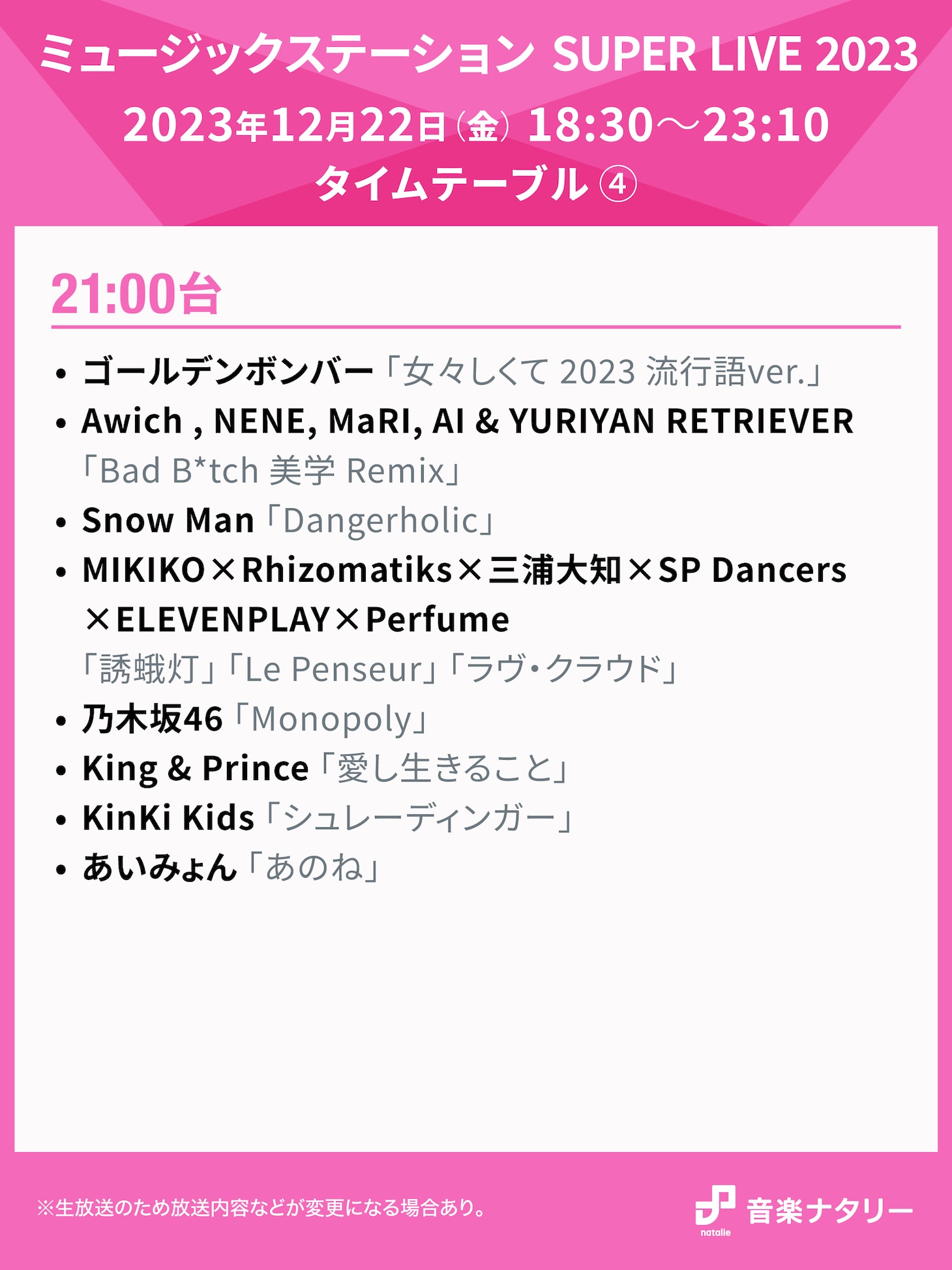 人気画像6位は「『Mステ SUPER LIVE』タイムテーブル公開　三浦大知×Perfume、キンキ×キンプリ豪華コラボ」より、「ミュージックステーション SUPER LIVE 2023」21:00台タイムテーブル。