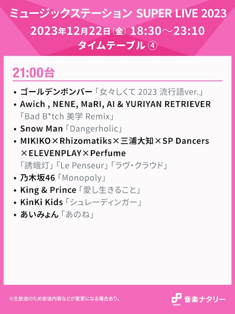 「ミュージックステーション SUPER LIVE 2023」21:00台タイムテーブル