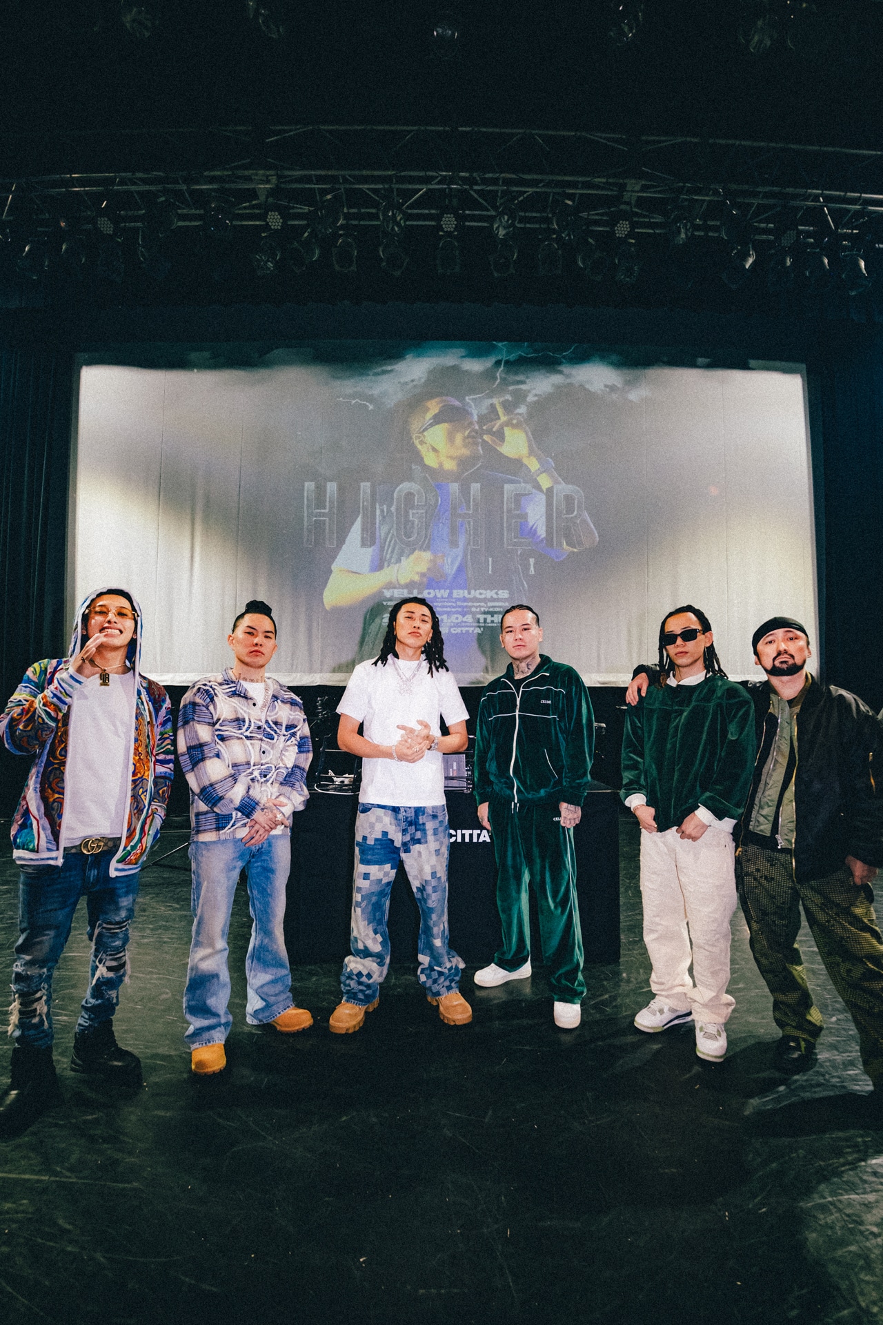 左からeyden、Tiji Jojo、¥ellow Bucks、YZERR、Bonbero、SEEDA。