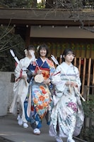 祈祷を終えて本殿から姿を現した乃木坂46新成人メンバー。