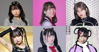 上段左から有澤一華（Juice=Juice）、小花衣こはる（きのホ。）、鈴木萌花（AMEFURASSHI）、下段左からブラジル（MIGMA SHELTER）、松本ももな（高嶺のなでしこ）、ユメカ・ナウカナ？（ASP）。