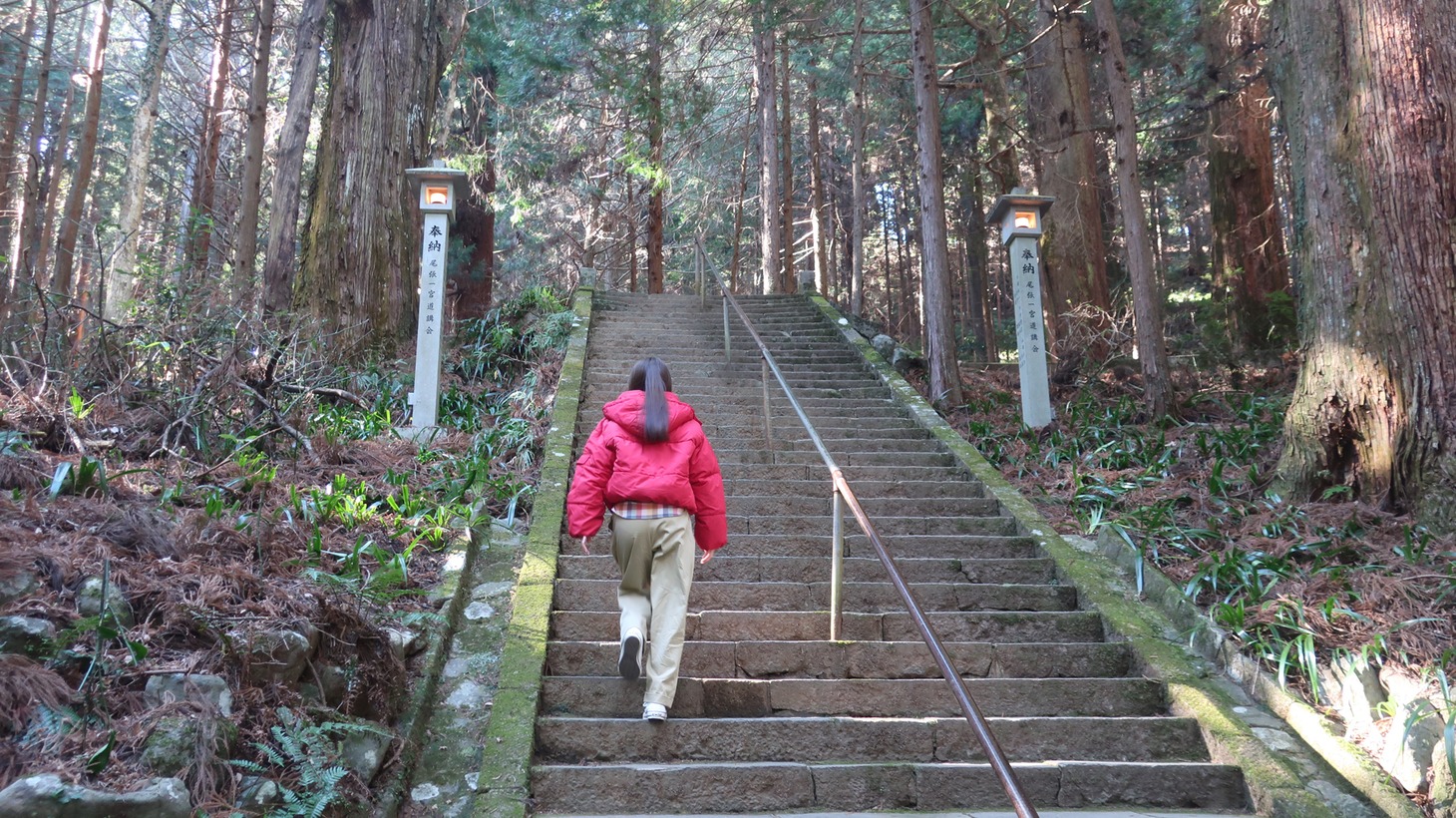 500段の階段を登る百田夏菜子。