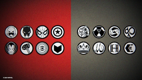 右側が今回のコラボのために描き起こされたアイコン。上段左から時計回りでKAIRYU、NAOYA、RAN、SEITO、EIKI、HAYATO、TAKUTO、RYUKIのデザイン。(c)2024 MARVEL