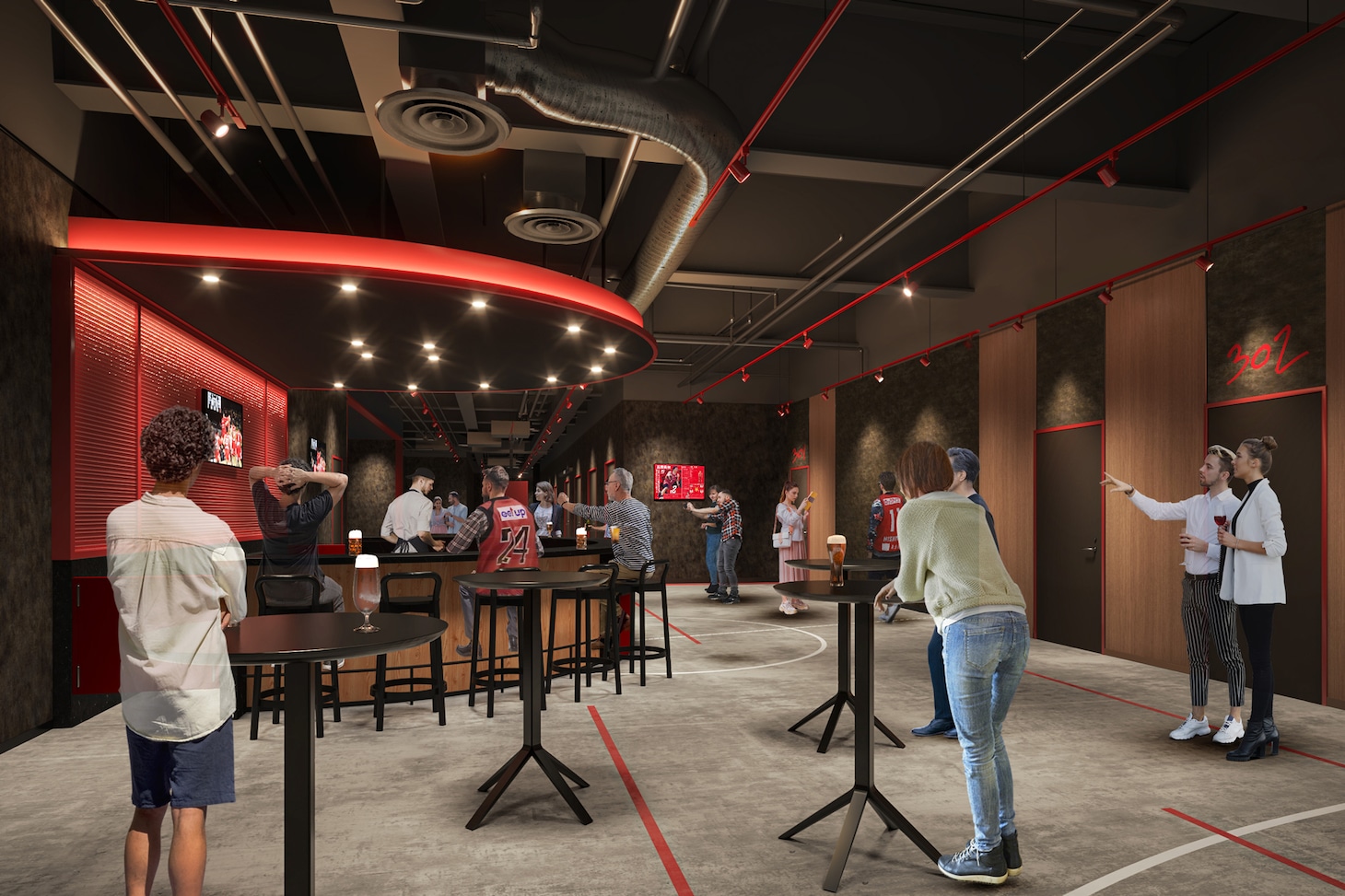 LaLa arena TOKYO-BAYのVIPエリアに設けられる「BOOSTER SQUARE」。原寸大のバスケットコートがペイントされている。